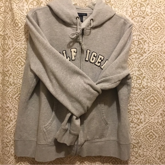Tommy Hilfiger = Women’s SZ M-L; Full Zip Long Sleeve Gray Drawstring Hoodie - Picture 9 of 11